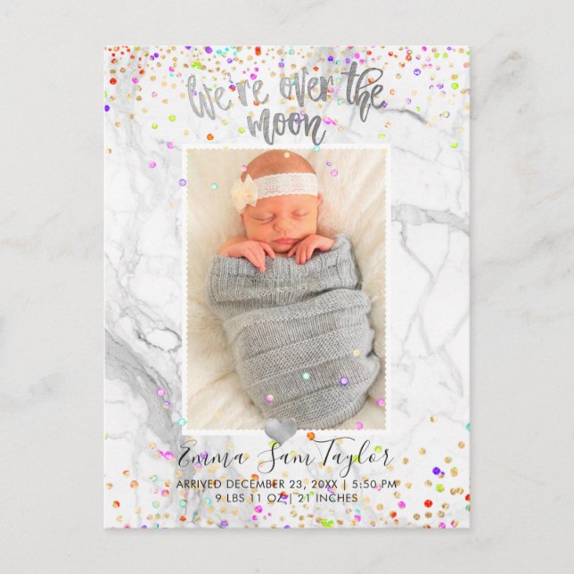 PixDezines Confetti Birth/Over the Moon Announcement Postcard (Front)
