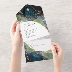 PixDezines Cosmic Marine Blue Moss Green Mitzvah All In One Invitation