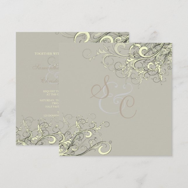 PixDezines cream swirls+graphite/DIY background Invitation (Front/Back)