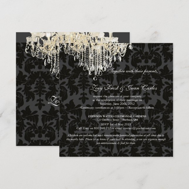 PixDezines Crystal Chandelier + Baroque Damask Invitation (Front/Back)