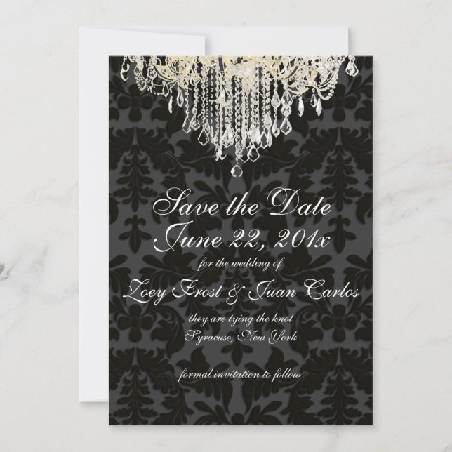 PixDezines crystal chandelier/Baroque Damask Save The Date (Front)
