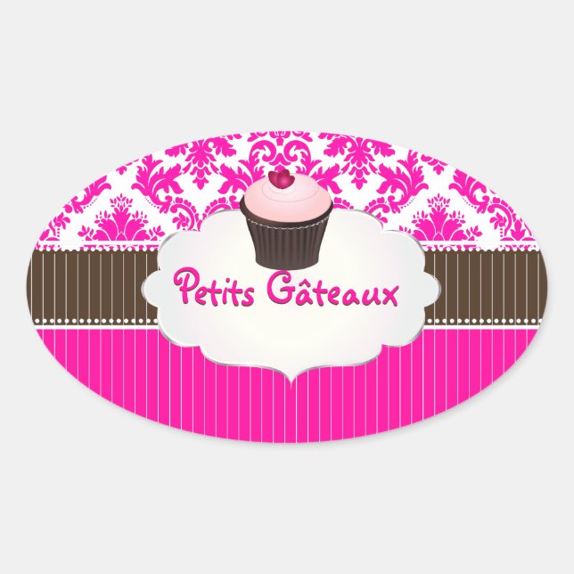 PixDezines cupcake+damask/DIY colour Oval Sticker (Front)