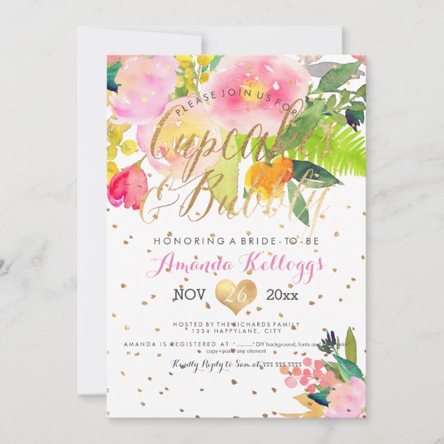 PixDezines Cupcakes & Bubbly Spring Floral Invitation (Front)