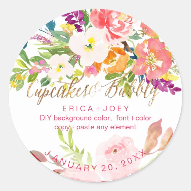 PixDezines Cupcakes+Bubbly Watercolor Peonies Classic Round Sticker (Front)