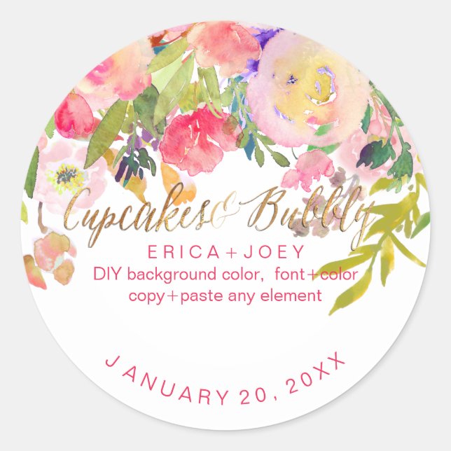 PixDezines Cupcakes+Bubbly Watercolor Peonies Classic Round Sticker (Front)