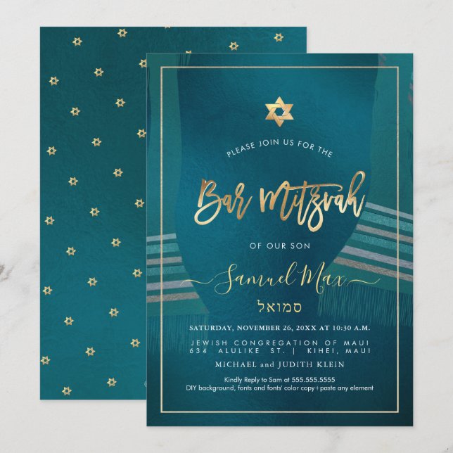 PixDezines Dark Teal+GoldTalitz Bar Mitzvah Invitation (Front/Back)