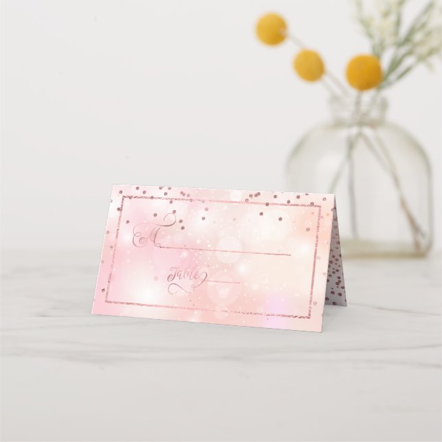 PixDezines Dazzled Faux Rose Gold Confetti+Bokeh Place Card (Front)
