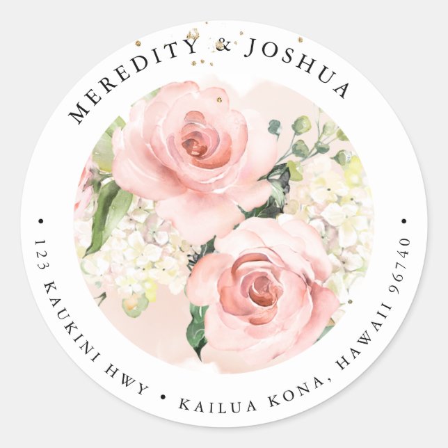 PixDezines Delicate Bloom, Blush Roses White Hyde Classic Round Sticker (Front)