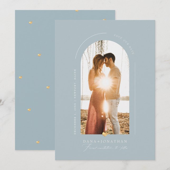 PixDezines DIY colour Dusty Blue Arch Save Date Invitation (Front/Back)