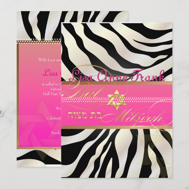 PixDezines DIY colour/Zebra, Bat Mitzvah Invitation (Front/Back)