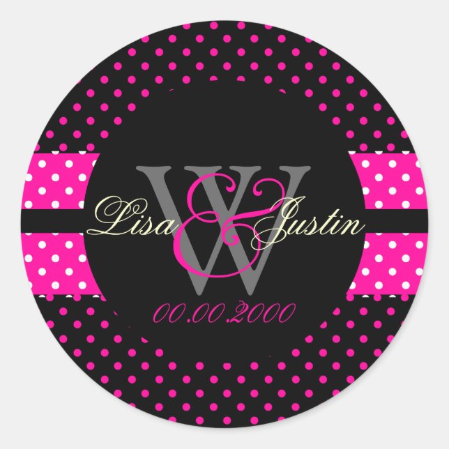 PIxDezines DIY colours, Dots et al./hot pink+black Classic Round Sticker (Front)