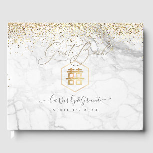 PixDezines Double Happiness Marble+Gold Glitter Guest Book