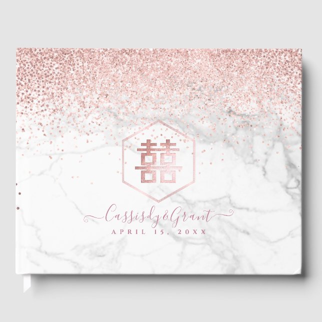 PixDezines Double Happiness Marble Rose Gold Guest Book (Front)