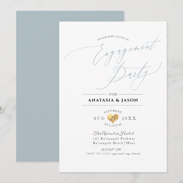 PixDezines Dusty Blue Calligraphy Engagement Party Invitation (Front/Back)