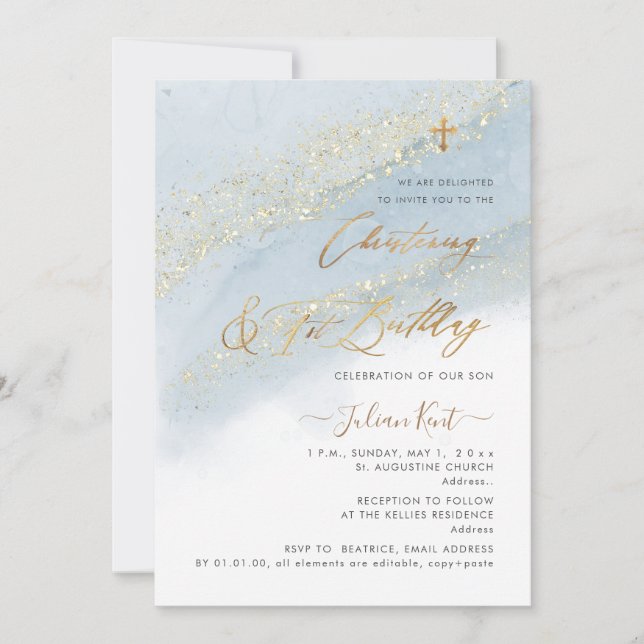 PixDezines Dusty Blue Gold Christening 1st BD Invitation (Front)