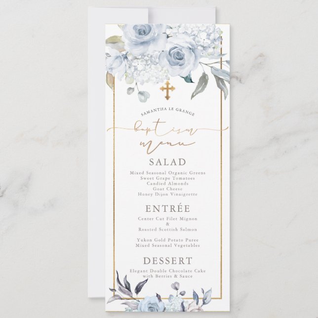PixDezines Dusty Blue H2 Flowers Baptism Menu Invitation (Front)