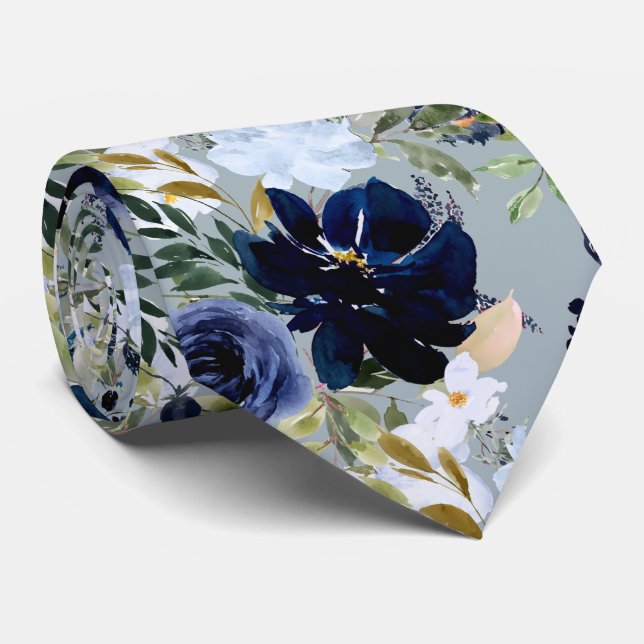 PixDezines Dusty Blue Navy Blue Watercolor Flower Tie (Rolled)