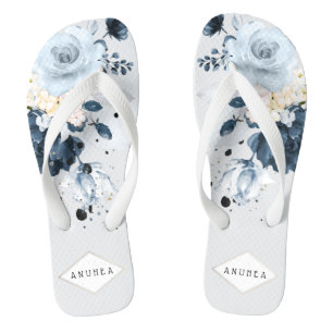 PixDezines Dusty Blue + Navy Watercolor Roses Flip Flops