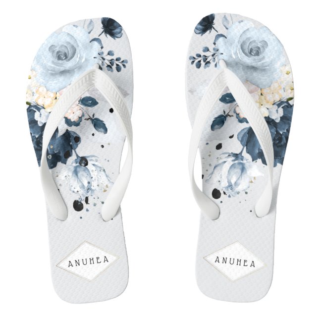 PixDezines Dusty Blue + Navy Watercolor Roses Flip Flops (Footbed)