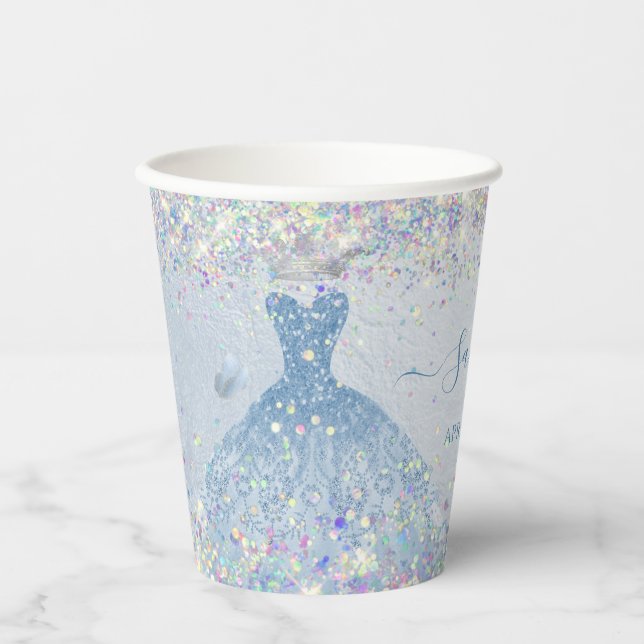 PixDezines Dusty Blue Quinceanera Holographic Paper Cups (Front)