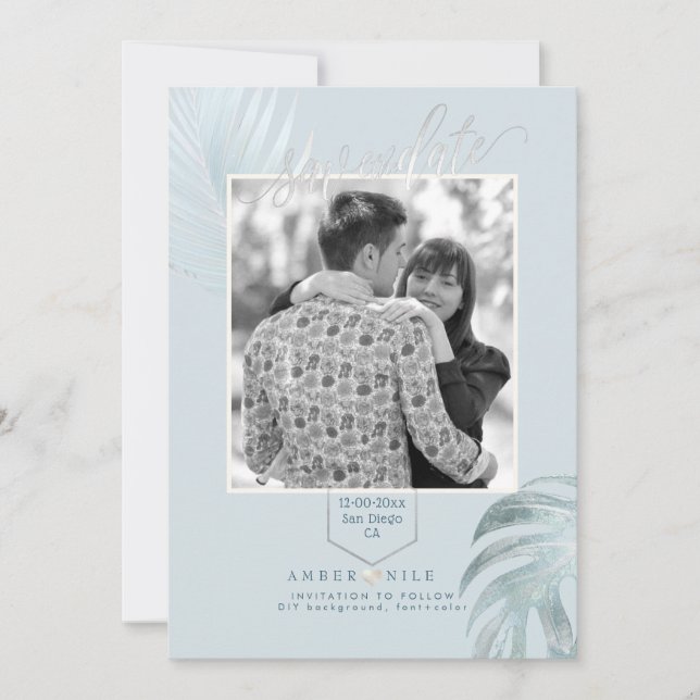 PixDezines Dusty Blue Save Date/Silver Palms Save The Date (Front)