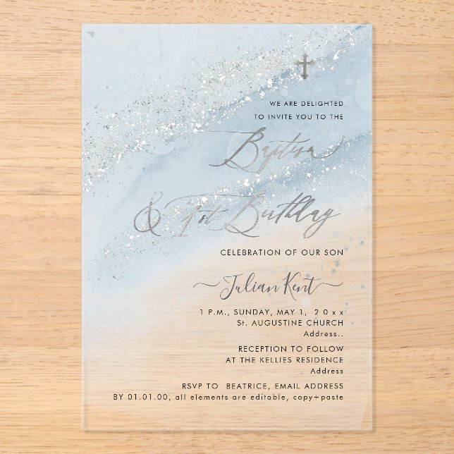 PixDezines Dusty Blue Silver Baptism+1st Birthday Acrylic Invitations (Front)
