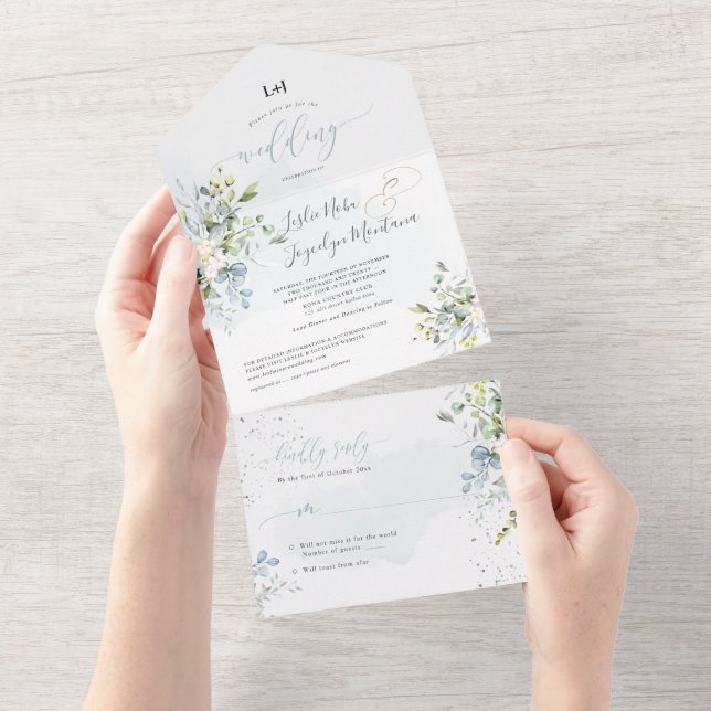 PixDezines Elegant Dusty Blue Gum Eucalyptus All In One Invitation (Tearaway)