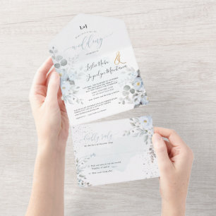 PixDezines Elegant Dusty Blue Roses All In One Invitation