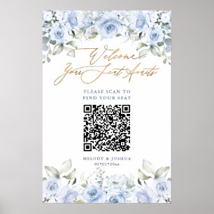 PixDezines Elegant Dusty Blue Roses QR Seating Poster
