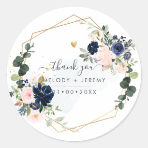PixDezines Elegant H2 Blush Navy Flowers Thank You Classic Round Sticker