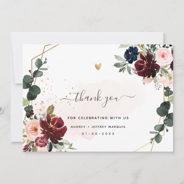 PixDezines Elegant H2 Burgundy Blush Navy Flowers Thank You Card (Front)