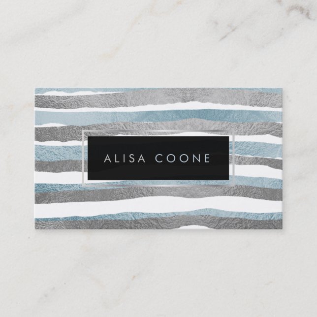 PixDezines faux blue+silver foil stripes Business Card (Front)