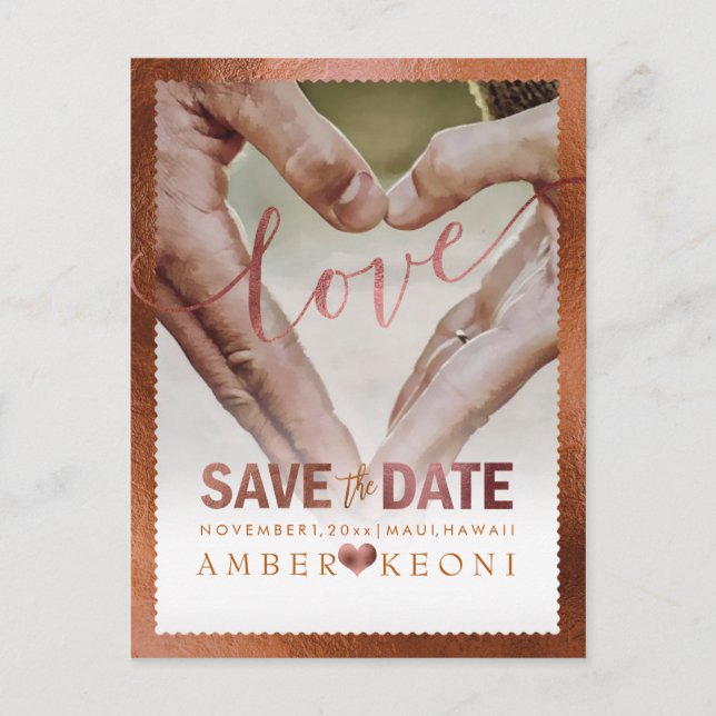 PixDezines Faux Copper Save the Date/Heart Announcement Postcard (Front)