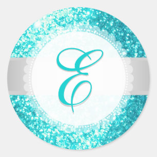 PixDezines FAUX GLITTER MONOGRAM AQUA BLUE Classic Round Sticker