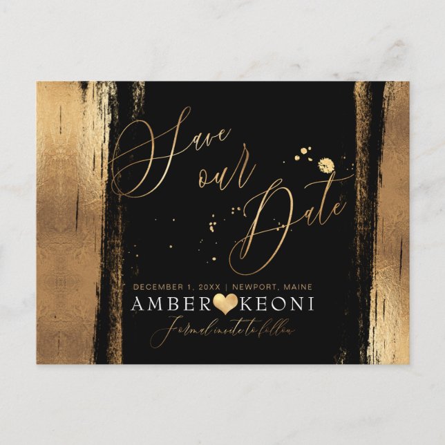 PixDezines Faux Gold Brush Stroke Save our Date Postcard (Front)