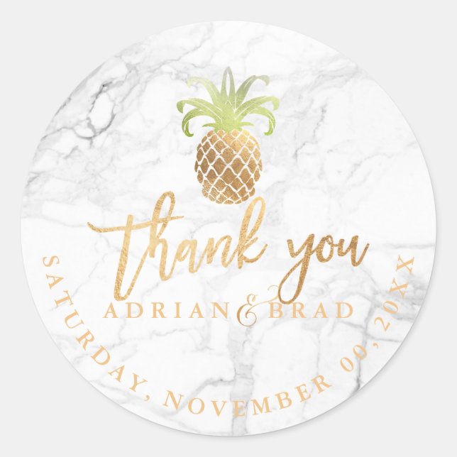 PixDezines Faux Gold Pineapple/Marble Classic Round Sticker (Front)