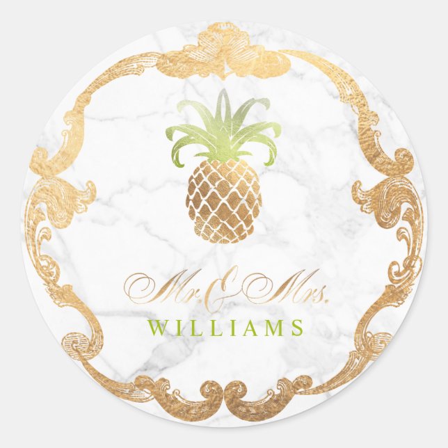 PixDezines Faux Gold Pineapple+Marble Slab Classic Round Sticker (Front)
