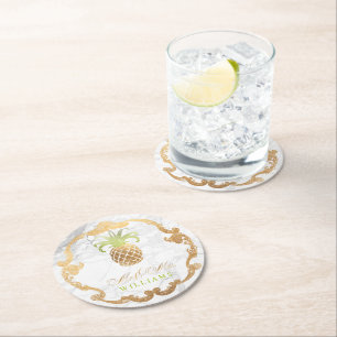 PixDezines Faux Gold Pineapples+White Marble Round Paper Coaster