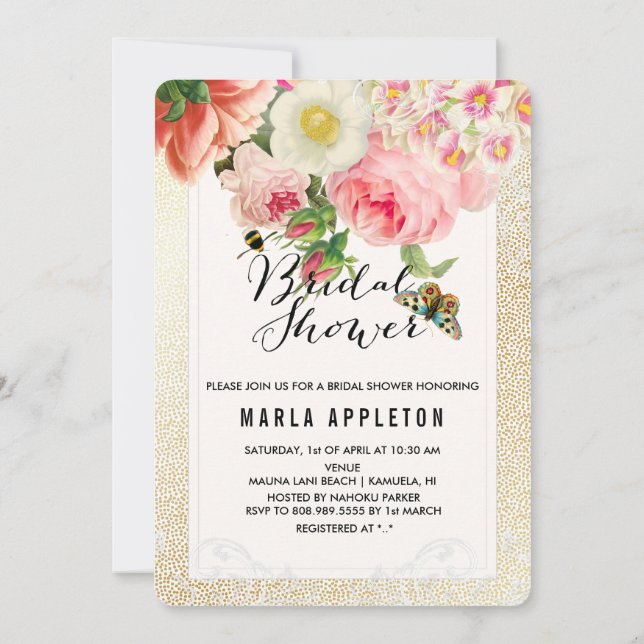 PixDezines faux gold specks/roses/bridal shower Invitation (Back)