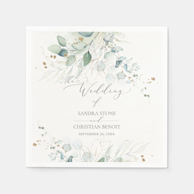 PixDezines Faux Gold Watercolor Eucalyptus Wedding Napkin (Front)