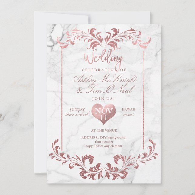 PixDezines Faux Rose Gold Chandelier/Heart/Marble Invitation (Back)