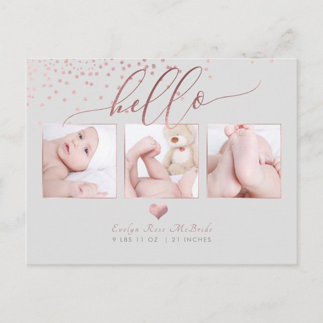 PixDezines Faux Rose Gold Confetti/Birth Announce Announcement Postcard (Front)