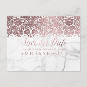 PixDezines Faux Rose Gold/Lace+Marble/Save Date Announcement Postcard