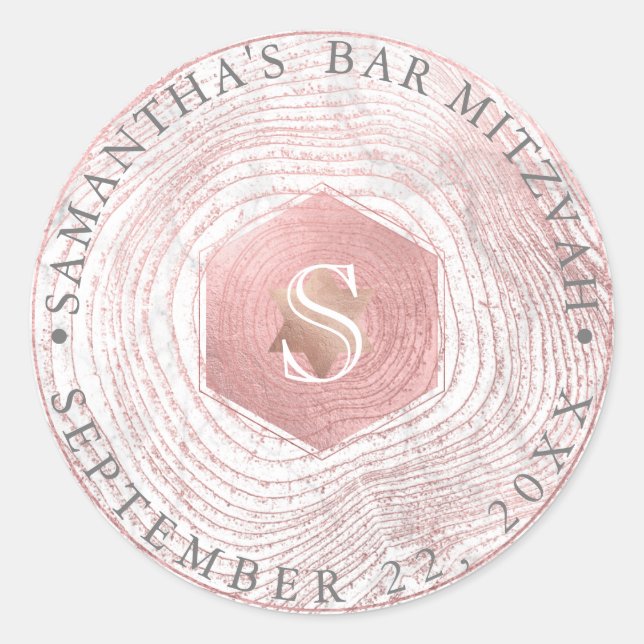 PixDezines Faux Rose Gold Tree Rings Mitzvah Classic Round Sticker (Front)