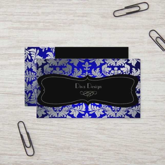 PixDezines faux silver baroque damask blue/black Business Card (Front/Back In Situ)