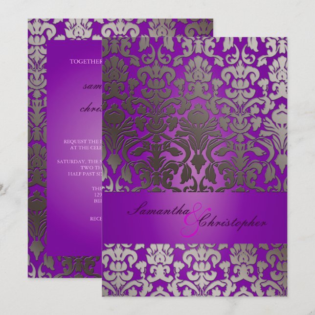 PixDezines Faux SIlver Flora Damask / Royal Purple Invitation (Front/Back)
