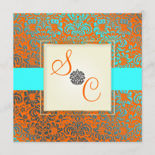 PixDezines Fidora Blue+Orange Vintage Damask Invitation