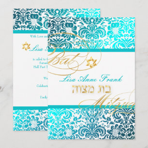 PixDezines FIDORA DAMASK BAT MITZVAH, TURQUOISE Invitation