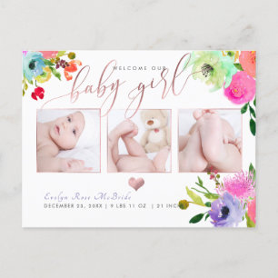 PixDezines Floral Watercolor Baby Girl Announcement Postcard