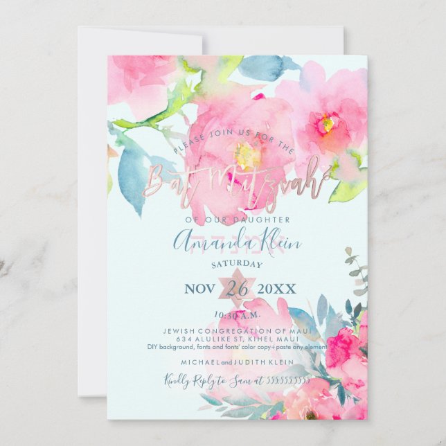 PixDezines Floral Watercolor Bat Mitzvah Invitation (Front)